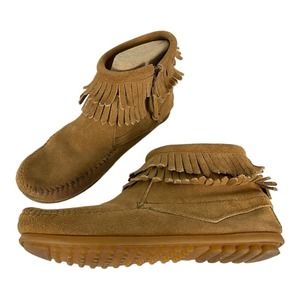 Minnetonka 2297T Brown Suede Leather Fringe Moccasin Boots Girls Youth Size 4